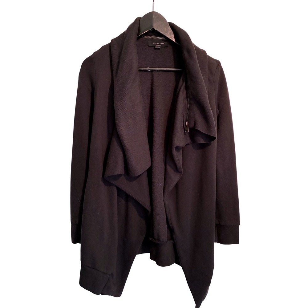 AllSaints Dahlia Sweat Black Draped Asymmetrical Zip Cardigan XS WM163F